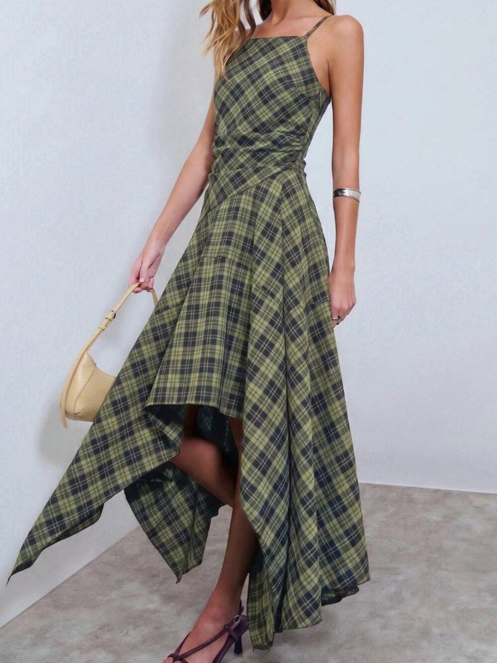 Green Casual Women's Asymmetrical Plaid Tartan Cami Midi Dress